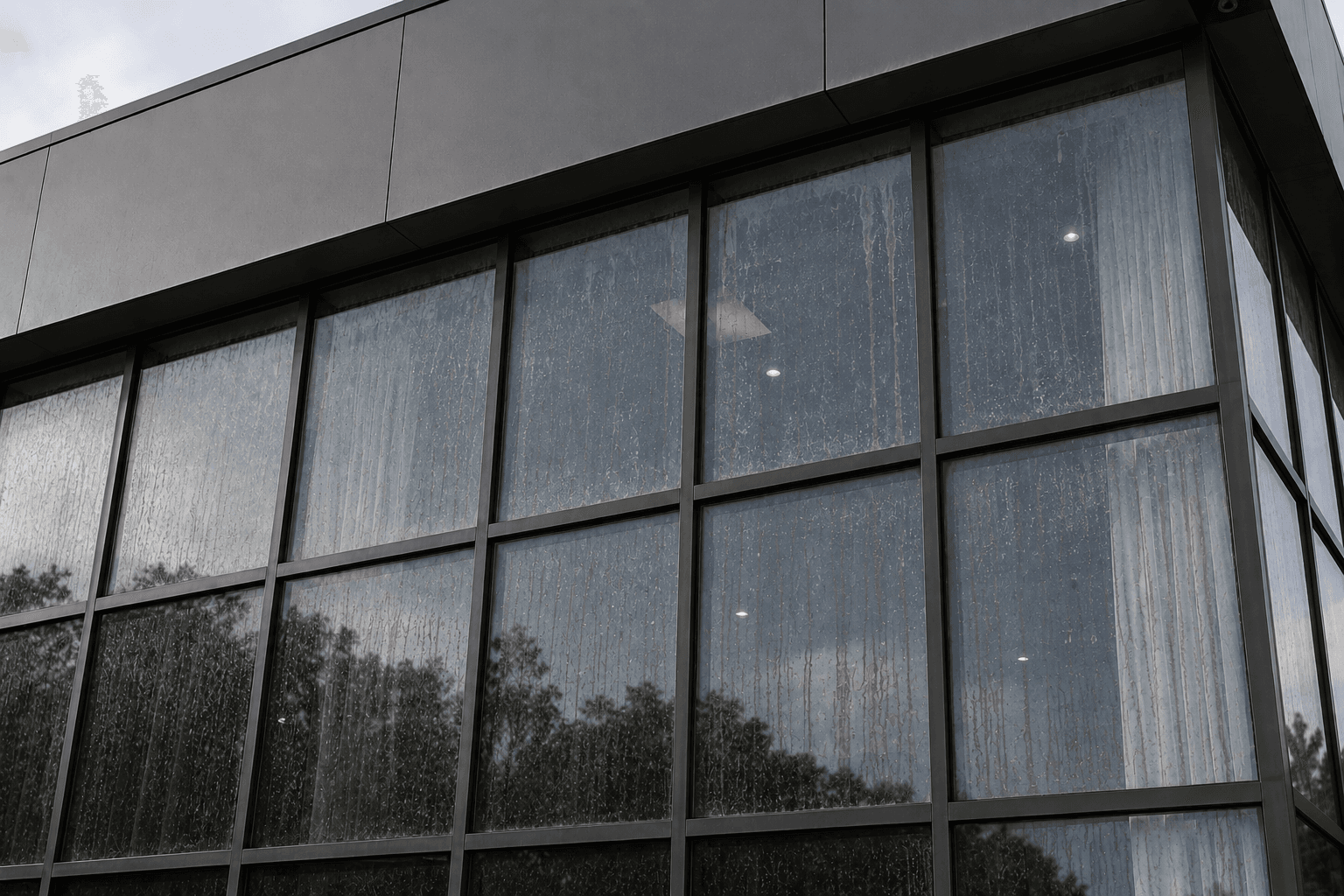 Curtain wall glazing before cleaning — heavy mineral staining