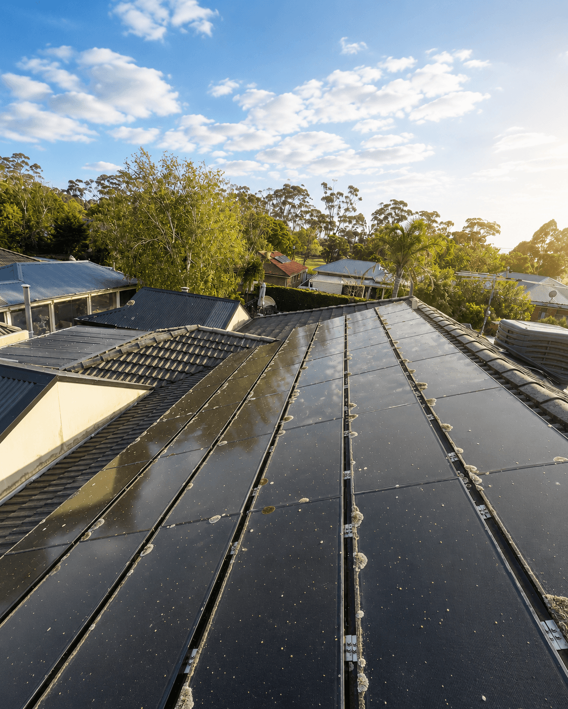 Solar panels before cleaning — lichen and bird fouling on Colorbond roof