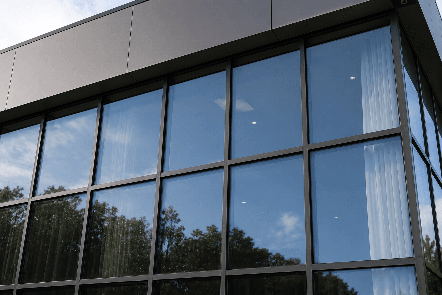 Curtain wall glazing after cleaning — clear glass, frames cleaned