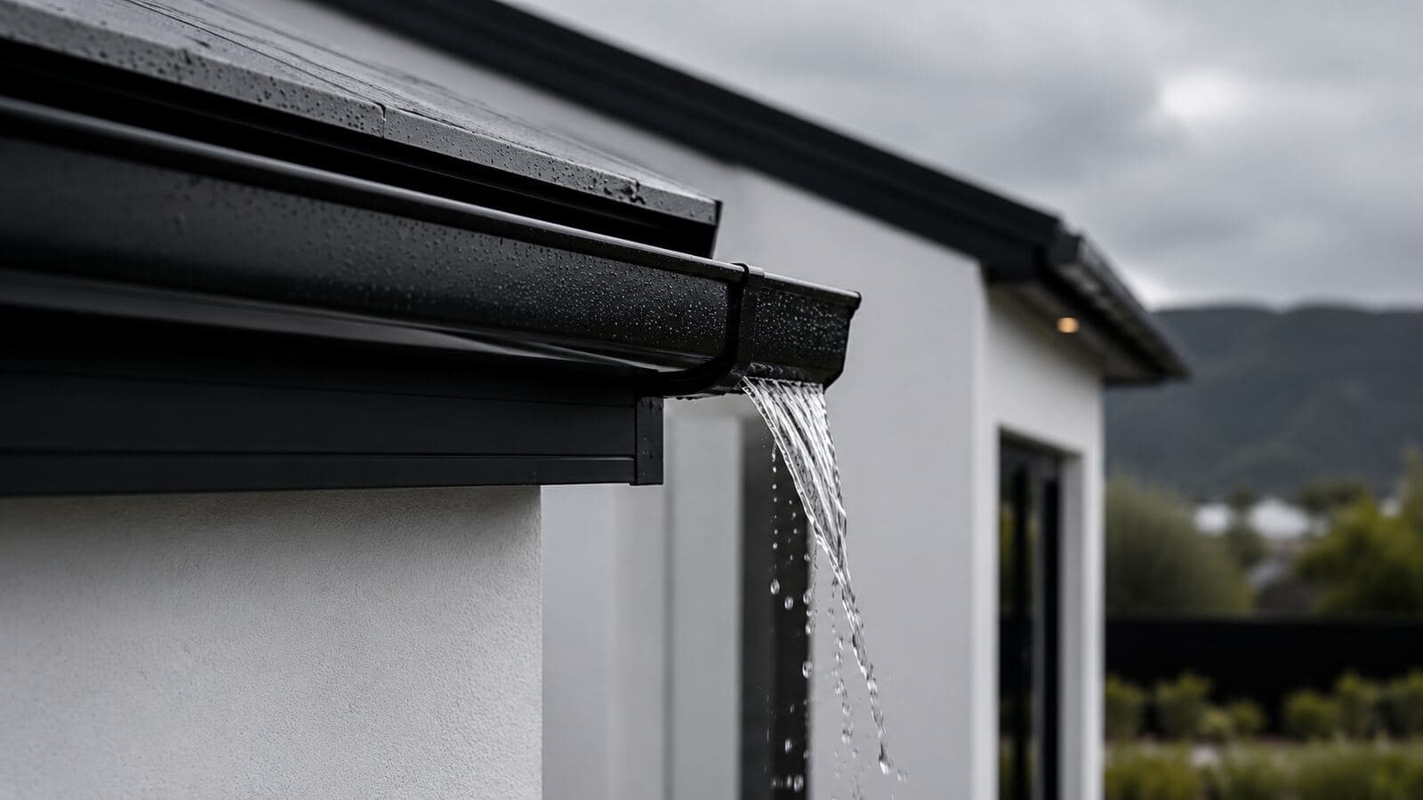 Gutter and fascia line at the northern roofline, photographed during the service
